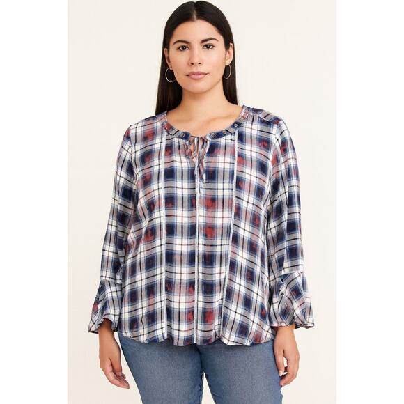 Seven 7 Flannel Plaid Relaxed Blouse Tartan Viscose Bell Sleeve Medium Boho Fall - Picture 1 of 6